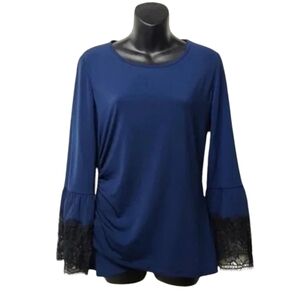 KOBI Women's Lace Trim Bell Sleeve Navy Blue Miley Blouse Size M NWT